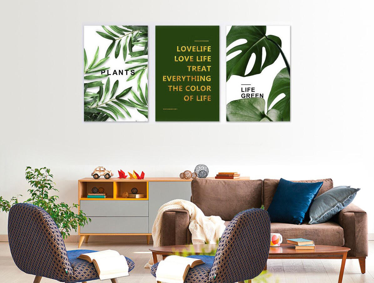 Tranh bộ treo tường tb3007 họa tiết tropical với gam màu xanh tươi, mát mẻ tạo không gian thư gian ngay tại phòng khách nhà bạn